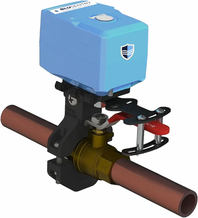 BluSentry motorized shut-off valve mounted on a copper water line